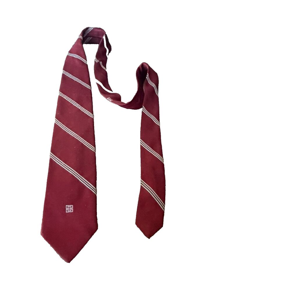 Givenchy Gentlemen Paris Burgundy Striped Logo Tie Navy White 3x58 Vintage 80's